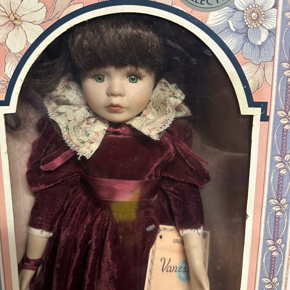 Vintage Porcelain Doll with Burgundy Dress